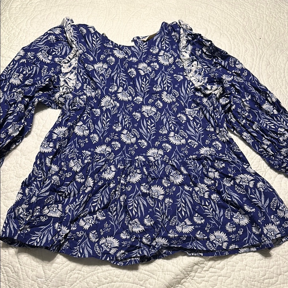 0022 Floral Blue and White‎ Long Sleeve Blouse womens size medium